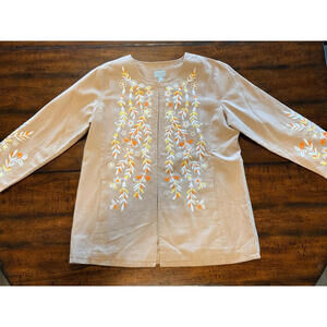 GRAVER Susan Graver Embroidered Cotton Topper-Taupe/Lemon-Medium-NEW-A630816